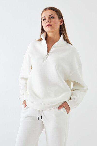 GIA - ART Unisex Oversize Sweatshirt Basic White – Half Zipper Stand Collar, 3 Thread Fleece