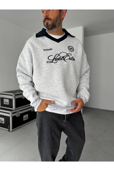 BYBASICMAN Gri V Yaka Limited Nakışlı Sweatshirt HM-0002