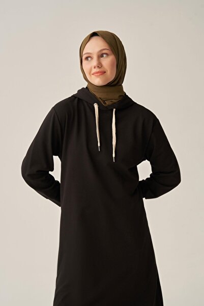 ALLDAY Siyah-Kuşgözlü Kapüşonlu Cepli Likralı Uzun Sweat