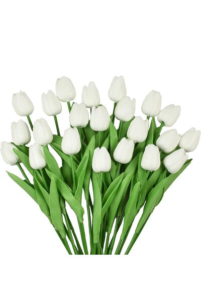 ALAYRA International 20pcs Artificial White Tulips, 32cm Real Touch PU Flowers for Home & Wedding Décor