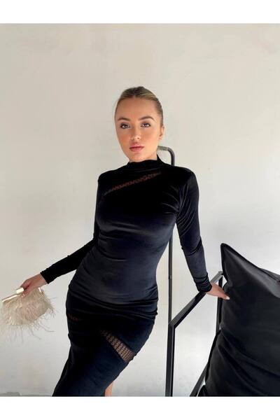 hipnoz butik kadın tül detaylı vatkalı midi boy kadife elbise