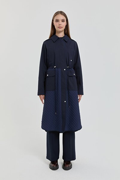 Nihan İnce Kapitone Garnili Beli Büzgülü Kap Lacivert