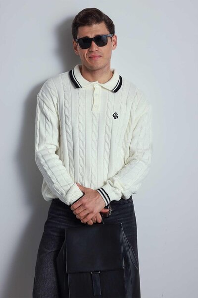 ablukaonline Men's Oversize Polo Neck Knitted Patterned Sweater Ecru