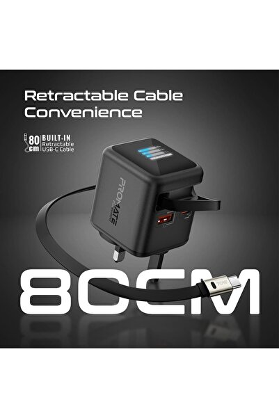 Promate GaNFast Wall Charger 70W with Retractable USB-C Cable and TFT Display