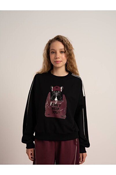 LOCO Hanorac cu imprimeu câine cu 2 fire pentru fete de 09-15 ani - negru