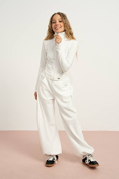 LOCO Σετ για κορίτσια εκρού – Μπλούζα με φερμουάρ και παντελόνι Palazzo (Ηλικίες 9-15)