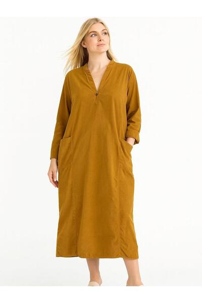 Hanımefendi Butik İtalyan Kadife Düğme Detaylı Elbise - HARDAL