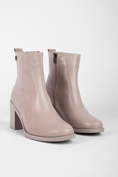 Lal Shoes & Bags Apart Kadın Yumurta Burunlu Fermuarlı Topuklu Bot b4203-Krem