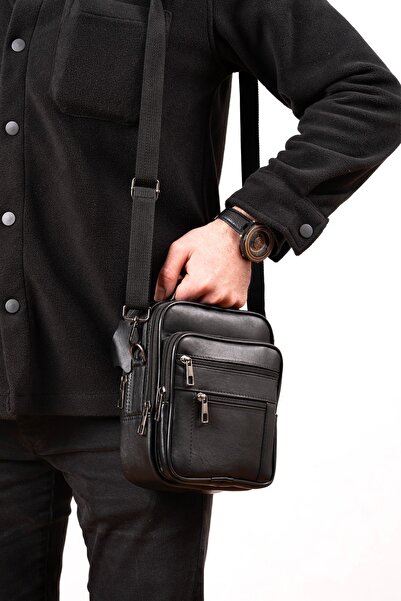 CüzCan Men's Black Steel Case Genuine Leather Hand and Shoulder Bag with Adjustable Strap (Large Size)