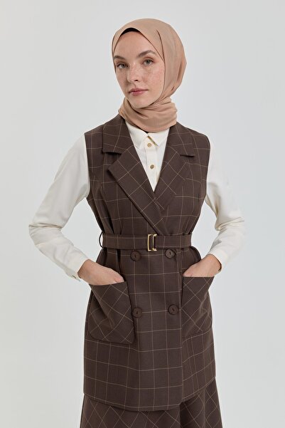 Nihan Kuşaklı Ekose Kruvaze Yelek Kahve