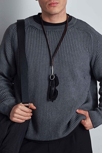 ablukaonline Men's Oversize Washed Distressed Knit Sweater Black