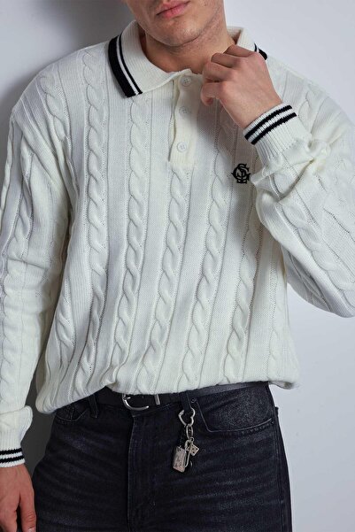 ablukaonline Чоловічий светр з великим коміром-поло, з візерунком, екрю