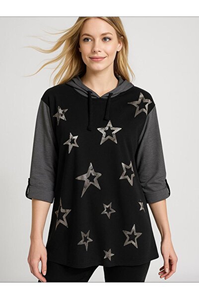 Hanımefendi Butik İtalyan Yıldız Desen Nubuk Bluz - SİYAH