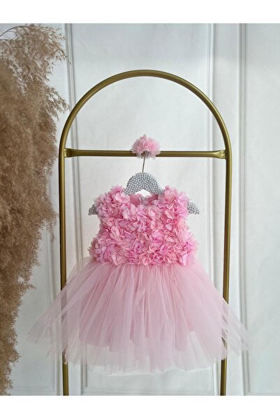 Hobidik Baby Çocuk Açık Pembe Şifon Çiçek Aplike Detaylı Kabarık Elbise