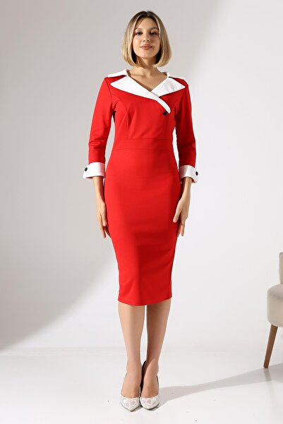 Deafox Red Long Sleeve Contrast Trim Detail Cufflink A-Line Crepe Fabric Dress