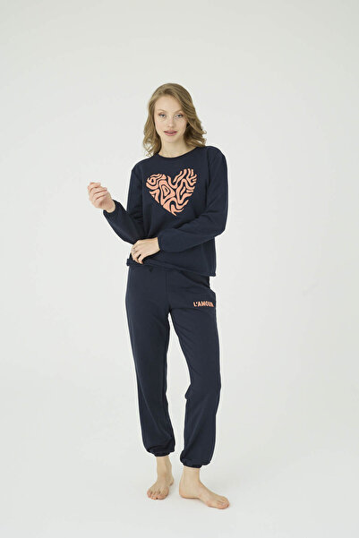 İPEKTENİM Kalp Desen Baskılı Ribanalı Pijama Takımı