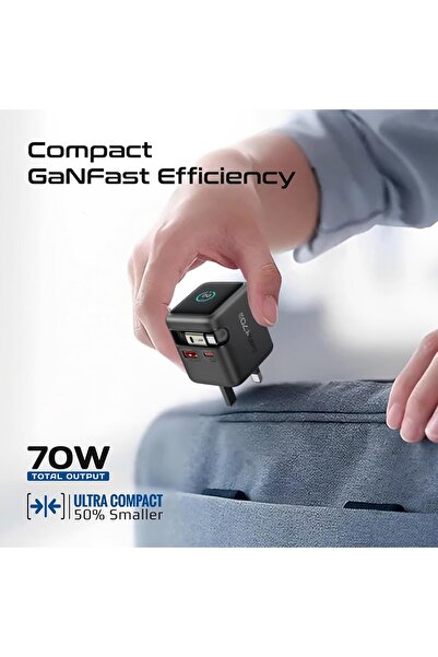 Promate GaNFast Wall Charger 70W with Retractable USB-C Cable and TFT Display