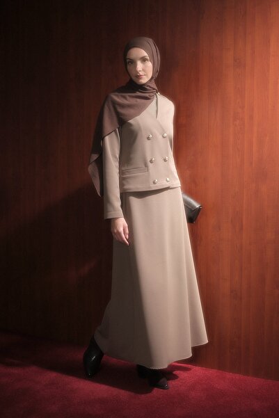 Nihan Gold Düğmeli Örme Etek Ceket Takım Vizon