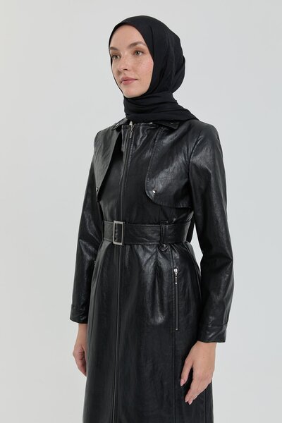 Nihan Kemer Detaylı Fermuarlı Deri Kap Siyah