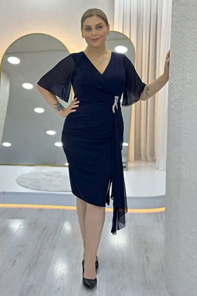 the ZKS Women's Half Sleeve Stone Detailed Midi Length Plus Size Evening Dress Black, Plum, Purple, Navy Blue