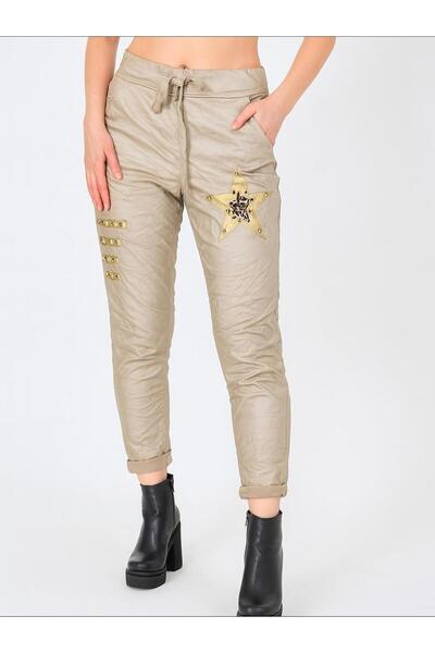Hanımefendi Butik İtalyan Likralı Yıldız Detaylı Deri Pantolon - BEJ