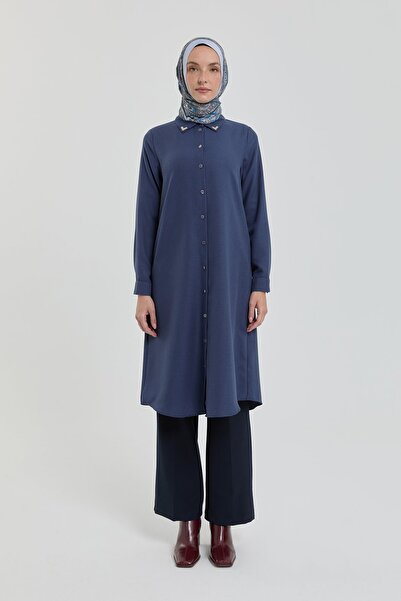 Nihan Yaka Aksesuarlı Tunik İndigo