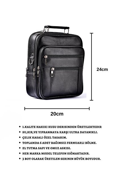 CüzCan Мъжка чанта от естествена кожа с черна стоманена рамка и регулируема презрамка (голям размер)