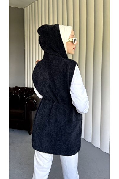 PİNK FLY Angora Hooded Women's Vest with Pockets