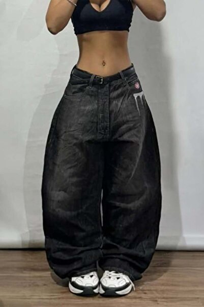 Karakedi Baggy Black Washed Pocket Grafitty Embroidery Detail Y2K Denim Pants
