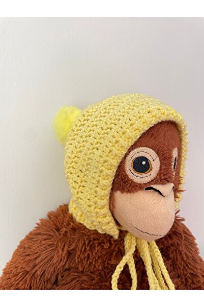 The Cloudish Shop El Örgüsü kroşe tığ işi Laura Lora Bebek Beresi - Şapka Bonnet 0-2 yaş sarı ponpon kulaklı -crochet