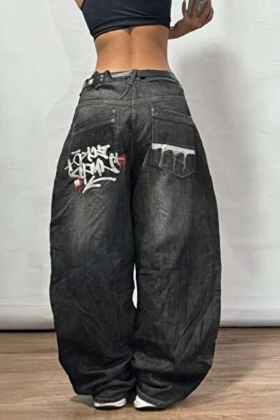 Karakedi Baggy Black Washed Pocket Grafitty Embroidery Detail Y2K Denim Pants