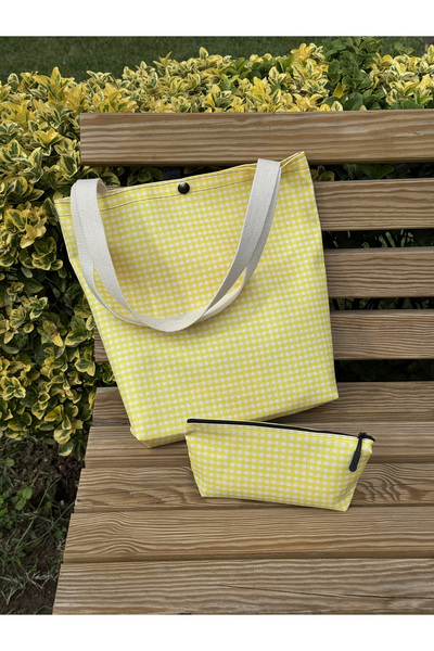 pamukcanta Sarı Pötikare Kanvas Bez Çanta& Makyaj Çantası Yıkanabilir Metal Çıtçıtlı Cepli (2'li Set)