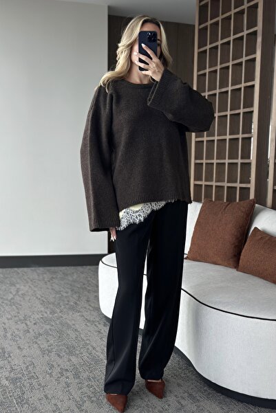 Laluvia Brown Crew Neck Sweater - 04621