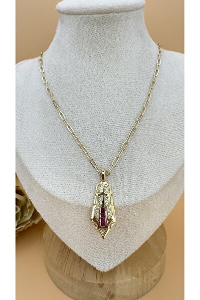 SK aksesuar Kırmızı Taşlı Tasarım Ataç Zincir Vip Kolye