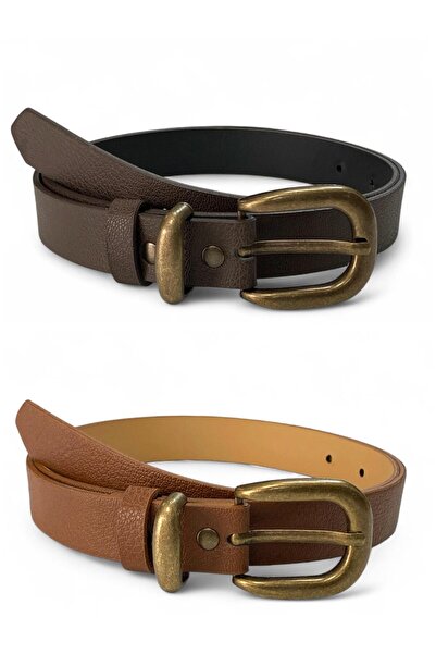 Gesa Kadın Antik Kaplama Tokalı taba-kahve 2'li set kemer