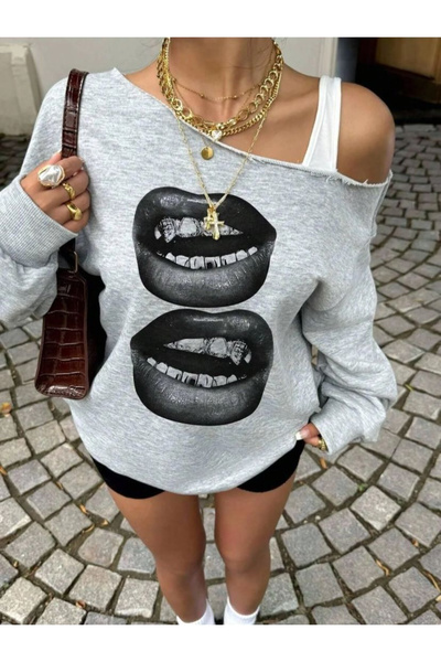 Keywest Hanorac oversize pentru femei, cu imprimeu de buze, cu un singur umăr, cu gât barcă, sezon nou