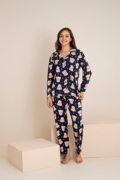 rindahomewear Kadın Desenli Milan Örme Uzun Kol Kadın Düğmeli Pijama Takımı