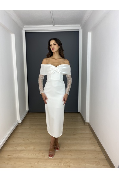 gökkuşagı moda Beyaz Kayık Yaka Midi Uzun Kollu Arka Yırtmaç Detaylı Abiye Elbise