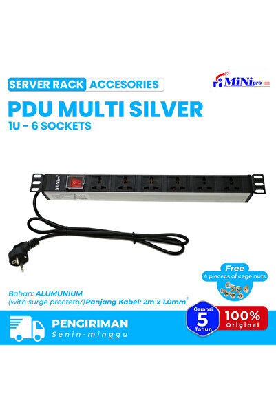 Mini pro وحدة توزيع طاقة متعددة فضية 1U | حامل خادم 19 بوصة، 6 مقابس | شريط طاقة 220-250 فولت 16 أمبير، 3500 واط، ألومنيوم