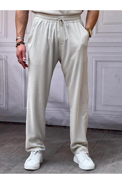 MODEFENDİ Men's Gray Elastic Waist Lace-Up Slim Fit Twill Pattern Jogger