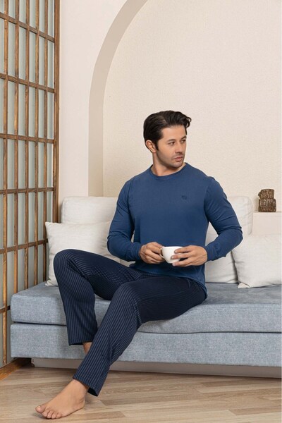 GUAVA+ Erkek Düğmesiz Çizgili Jakar Kumaş Mevsimlik Kol Manşetli Uzun Kol Cepli Pijama Takımı