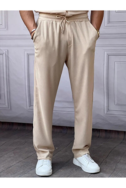 MODEFENDİ Men's Cream Elastic Waist Lace-Up Slim Fit Ribbed Pattern Jogger