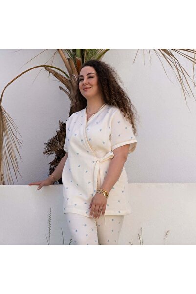 Doray Organic Kısa Kollu Pijama Takımı | Lohusa Takımı | Kalp Desenli DLB 1002