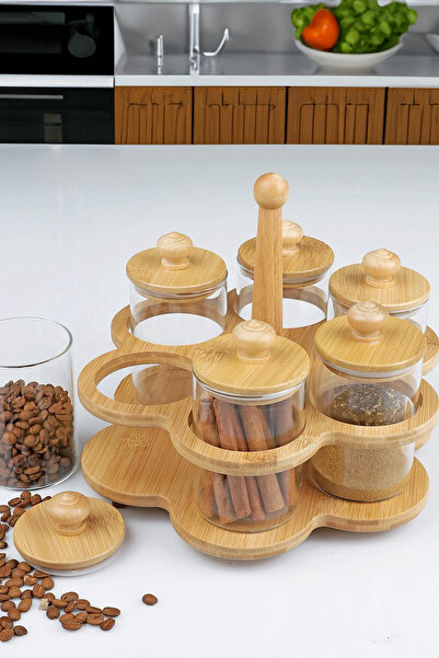 welcomein طقم توابل زجاجي من بامبولو مكون من 6 قطع - منظم دوار مع أغطية وحامل