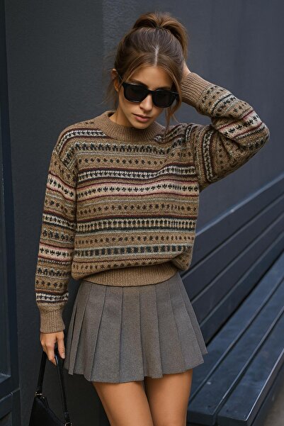 Fashion Friends Crew Neck Patterned Sweater Mink