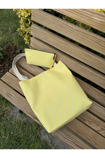 pamukcanta Sarı Pötikare Kanvas Bez Çanta& Makyaj Çantası Yıkanabilir Metal Çıtçıtlı Cepli (2'li Set)