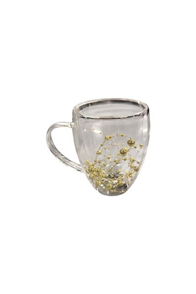 Clini Cană de sticlă cu perete dublu 350 ml, decor auriu,