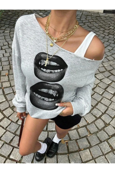 Keywest Hanorac oversize pentru femei, cu imprimeu de buze, cu un singur umăr, cu gât barcă, sezon nou