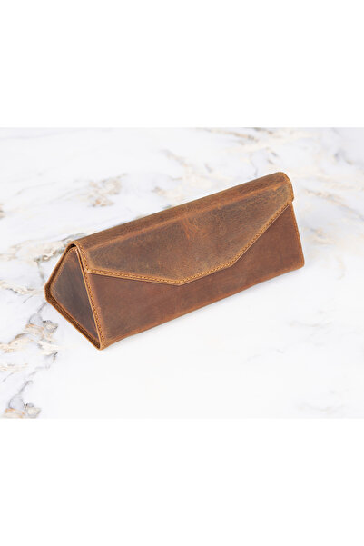 buğrahayalin Brown Genuine Leather Eyewear Case – Unisex, Magnetic Closure, Triangle Design, Stylish, Durable