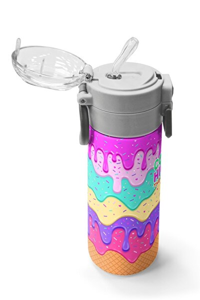 Coral High Kids Pink Colorful Ice Cream Patterned Straw and Direct Drinking Steel Thermos 500 ml 31938